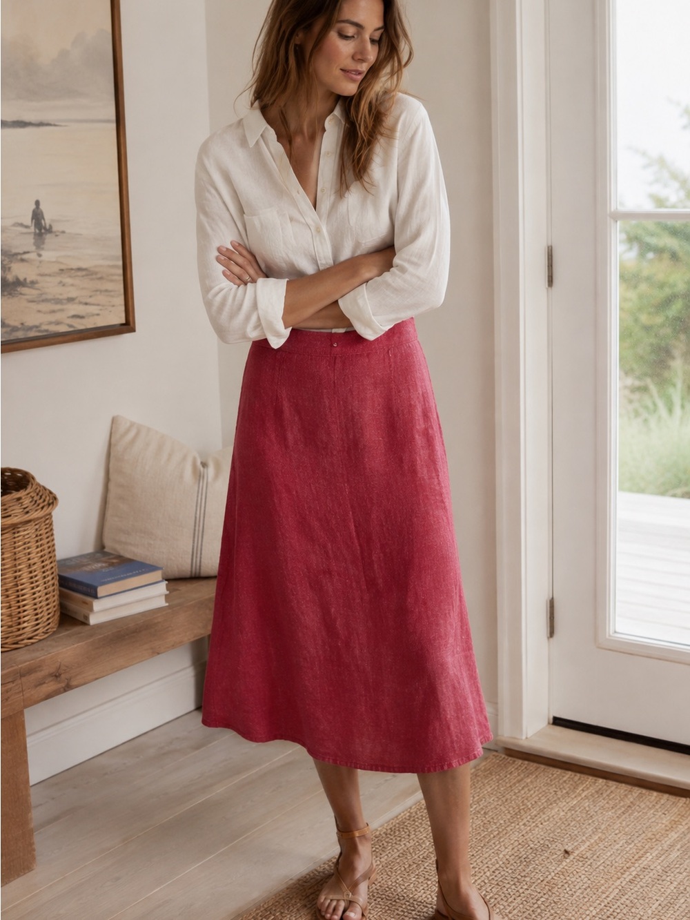 Banana Republic Nantucket Red Midi A-Line Linen Skirt- Size 2
